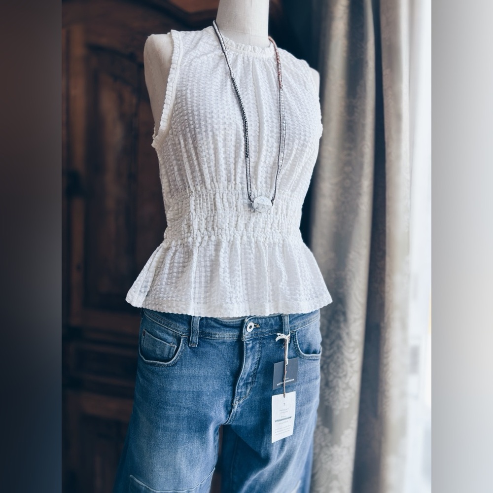 Maeve Anthropologie Textured Peplum Blouse Vanilla Cream NWT Extra Button M